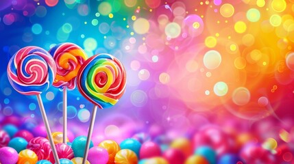 Three colorful lollipops stand against a vibrant background of gumballs and bokeh lights, symbolizing joy, celebration, childhood, sweetness, and indulgence.