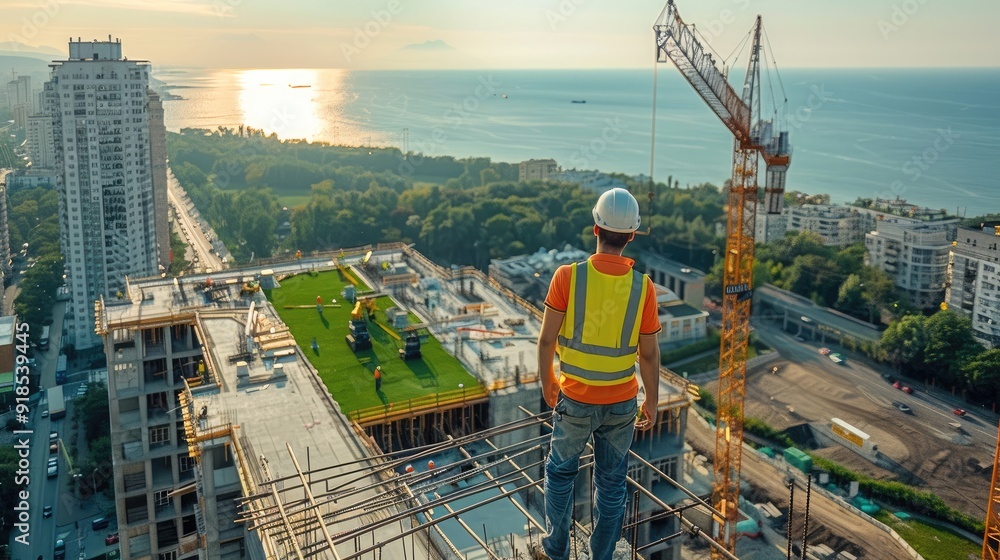 Poster aerial view of construction workers wearing safety gear standing on the roof, looking at their proje