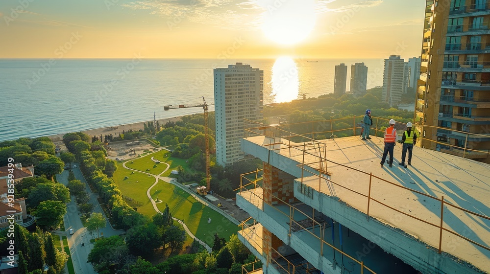 Poster aerial view of construction workers wearing safety gear standing on the roof, looking at their proje