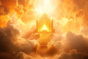 Obraz premium The golden throne in the clouds, with stairs leading to it and light shining down on them