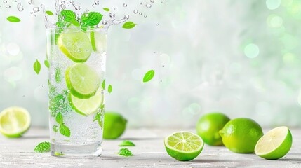   A glass of water with limes and mint on a table next to a bunch of limes and mints