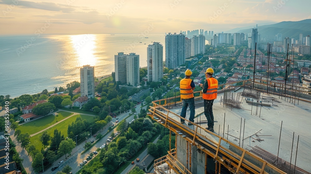 Aufkleber aerial view of construction workers wearing safety gear standing on the roof, looking at their proje
