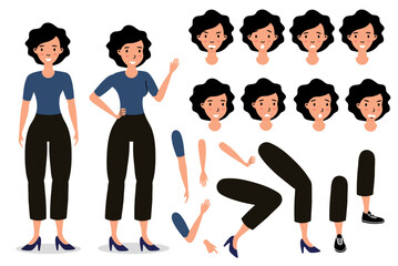 Cartoon female character design featuring various poses, expressions