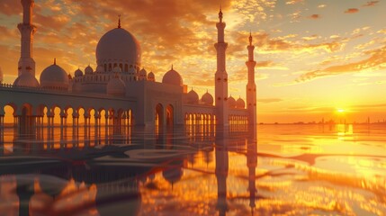 Naklejka premium Serene Mosque Morning for Eid Greeting Design. Sunrise Reflections at Majestic Mosque for Eid Cards.