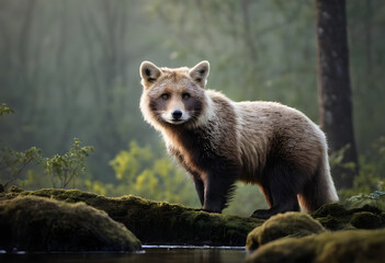 Fototapeta premium Wild raccoon dog standing on rocks by river