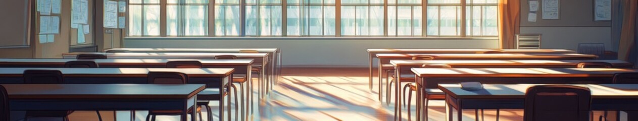 Empty Classroom with Neatly Arranged Desks and Chairs, Absence of Students, Reflecting a Quiet Educational Space, Anime-Inspired Art,Abstract concepts, game concept art, storybook illustrations
