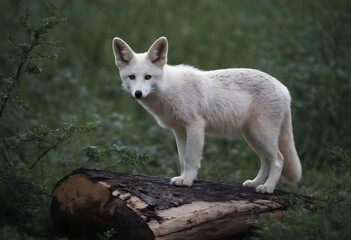 Obraz premium White arctic fox standing on a tree trunk in a forest