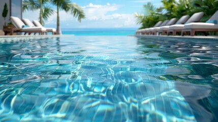 Serene Oasis: Luxurious Hotel Pool with Crystal Clear Blue Water, Relaxing Lounge Chairs, and Tranquil Ambiance