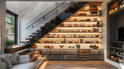 Under-stair pantry with custom-built shelves, drawers, and compartments, efficiently utilizing space beneath a staircase in a modern home. Generative AI.