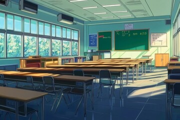 Empty Classroom with Neatly Arranged Desks and Chairs, Absence of Students, Reflecting a Quiet Educational Space, Anime-Inspired Art,Abstract concepts, game concept art, storybook illustrations
