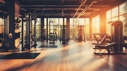 Fototapeta premium Modern gym interior with machines and weight bench equipment on wooden floor