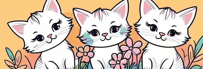 Three kittens are sitting with flowers For children's design of prints, posters, stickers, cards, puzzles, illustration banner