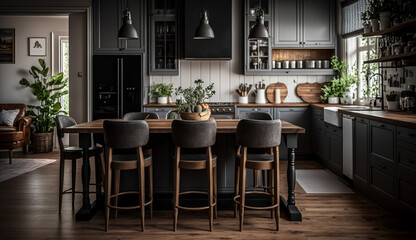 Beautiful Interior of spacious kitchen with grey walls