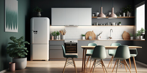 Beautiful modern interior background, kitchen, Scandinavian style