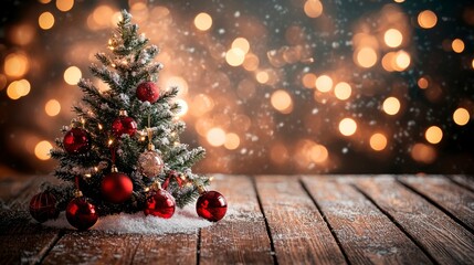 Christmas tree with red toys and snow on a wooden table, against a background of lights and snowflakes