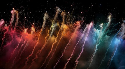 Fireworks on black night sky, celebration colorful festive fireworks on black sky background, celebration welcoming holiday night colorful backgrounds.