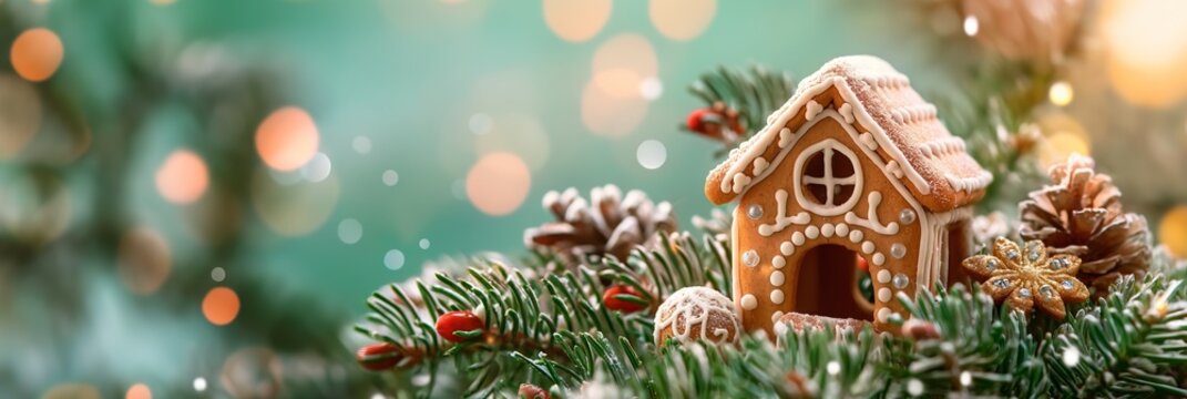 Merry Christmas ginger bread house sitting among green fir branches on winter shiny snowy backgrounds with copy space, amazing fairy blurred sparkling panorama web banner, Merry Xmas card web banner.