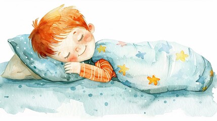 Adorable watercolor cartoon illustration of a little boy kid sleeping in bed isolated on white background, concept of dream, sweet dream, sleeping time, bedtime story, children's book illustration
