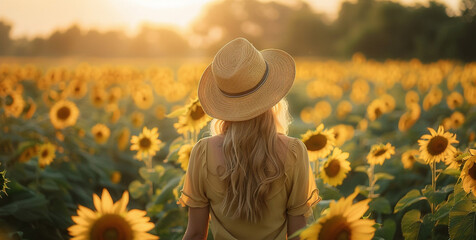  A woman stands in a field of sunflowers with her back turned and a hat on her head