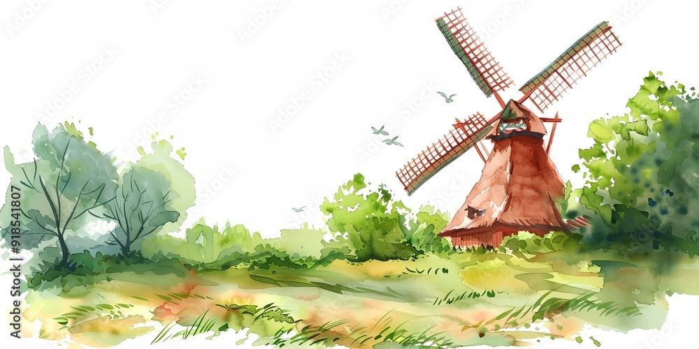 Poster a windmill is in the foreground of a field with trees in the background. the scene is peaceful and s