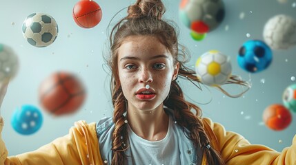 A woman being hurled for multiple and different sports balls over a light gray background. Generative AI.