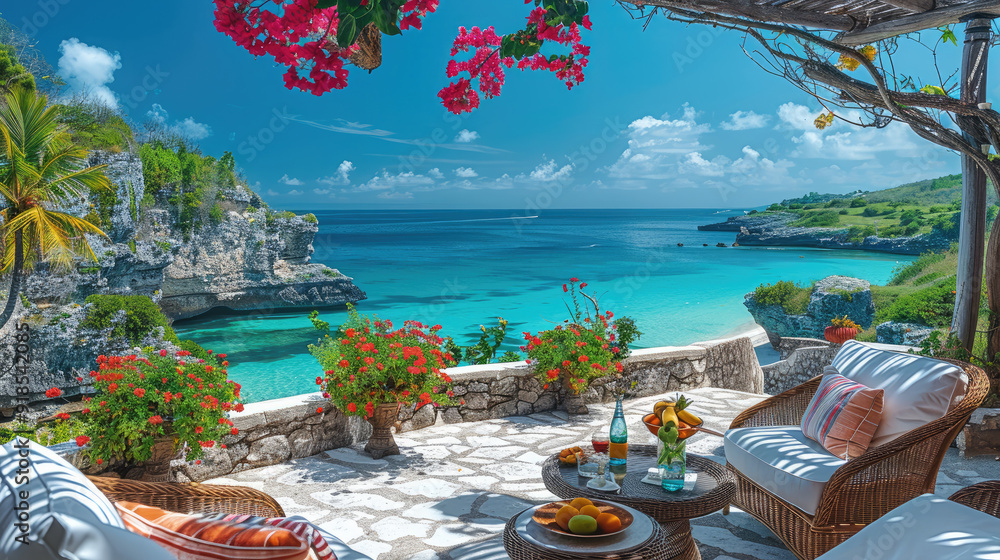 Poster a view of the blue ocean from an elegant stone terrace with wicker furniture and colorful flowers. o