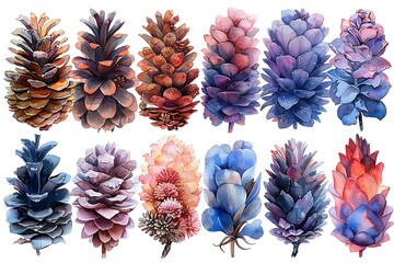 Fototapeta premium Watercolor illustration of charming pastel decorated pine cones on white background