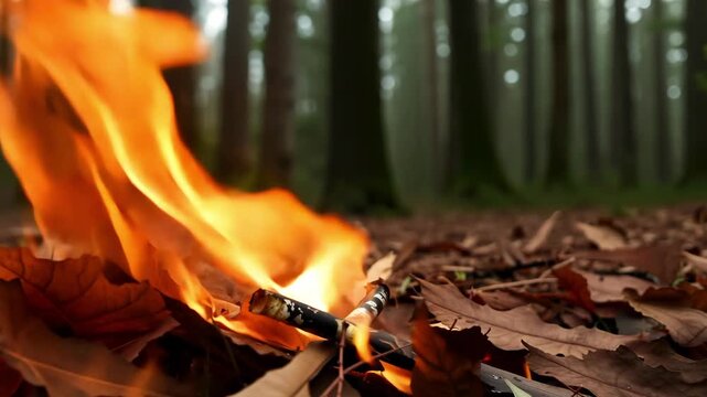 Smoke rises gently from smoldering leaves on the forest floor, surrounded by towering trees in the calming autumn landscape.