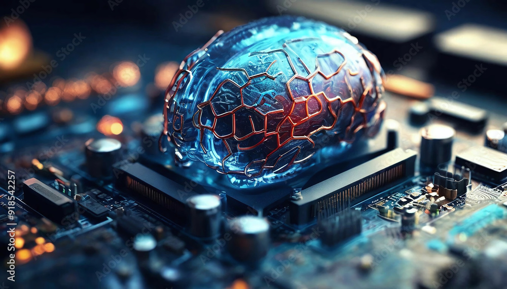 Poster 3d illustration of abstract computer background with circuit board and human brain