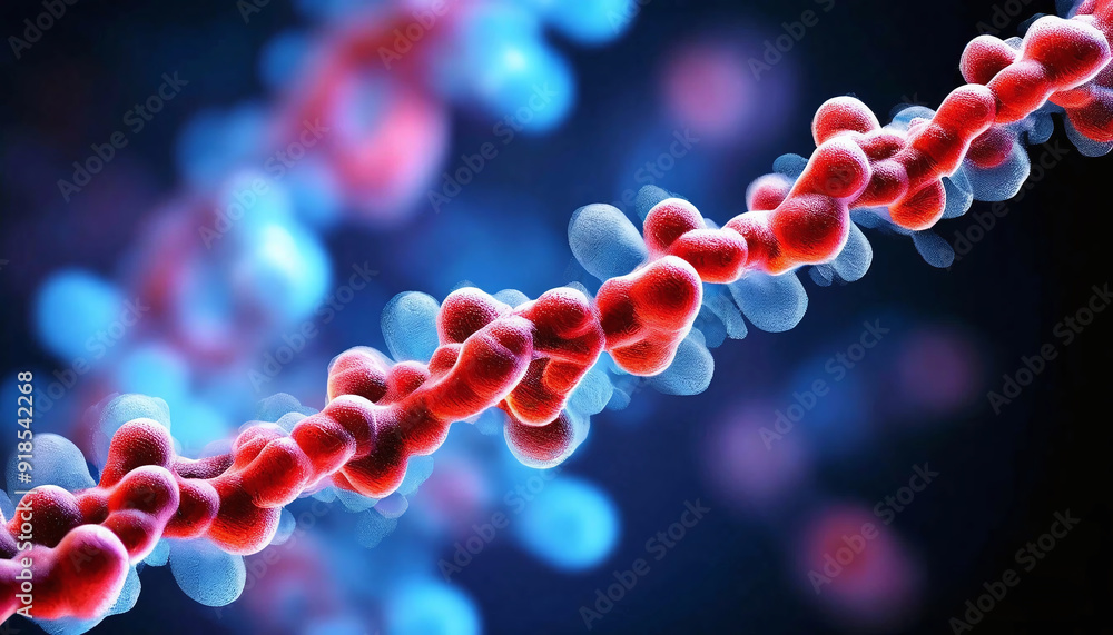 Poster 3d illustration of dna structure over dark background with colorful bokeh