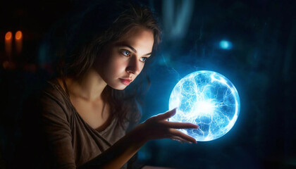 Naklejka premium Young woman looking at crystal ball in dark room. Future technology concept