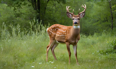 Young white-tailed buck deer standing in a field