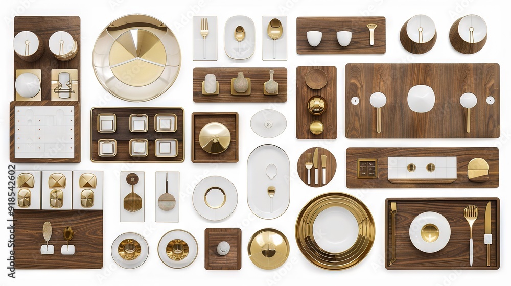 Poster gold and white plates and utensils arranged in a grid pattern on a white background