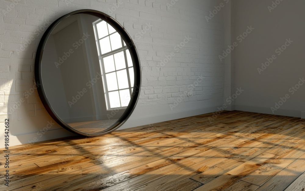 Poster a large mirror is sitting on a wooden floor in a room. the mirror is reflecting the sunlight coming 