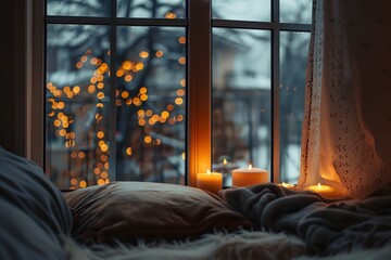 A cozy scene with a window lit by candles and a blanket draped over a bed. Scene is warm and inviting, perfect for a relaxing evening