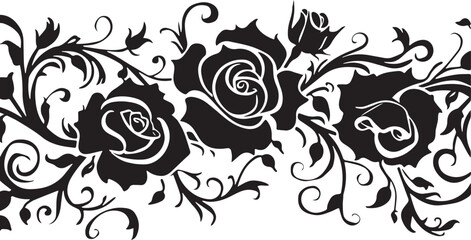 An elegant black silhouette design featuring stylized roses