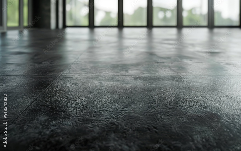 Poster a large room with a black floor and a window. the floor is wet and shiny