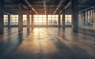 A large, empty room with a lot of windows and a sun shining through them. The room is very open and has a lot of space