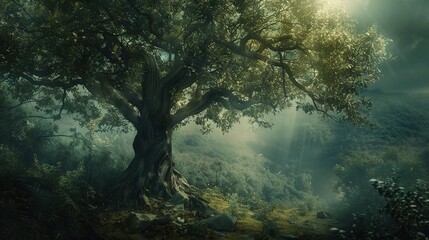 Obraz premium A painting of a tree amidst a foggy forest, illuminated by sunlight filtering through its leaves and branches