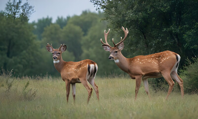 Fototapeta premium Two white-tailed deers standing in grass field