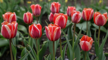 Obraz premium Field of Red & White Tulips with Green Leaves & Yellow Flowers
