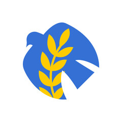 Blue Pigeon Yellow Wheat. Vector Illustration of Peace Emblem. Flat Style Bird Symbol.