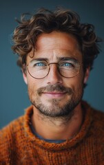 Obraz premium A man with glasses and a beard is smiling. He is wearing a red sweater. The image conveys a warm and friendly atmosphere