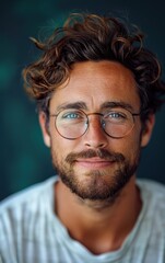 A man with glasses and a beard is smiling. He is wearing a white shirt. The image has a happy and friendly mood