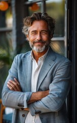 Fototapeta premium A man with a beard and gray hair is wearing a blue jacket and white shirt. He is smiling and looking at the camera