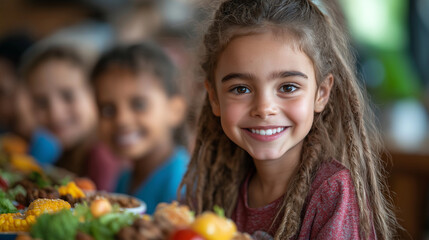 A group of children enjoying a nutritious meal at school, highlighting the importance of food education and access, with copy space