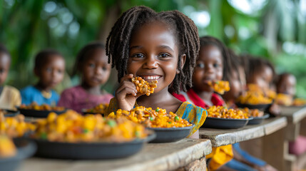 A group of children enjoying a nutritious meal at school, highlighting the importance of food education and access, with copy space
