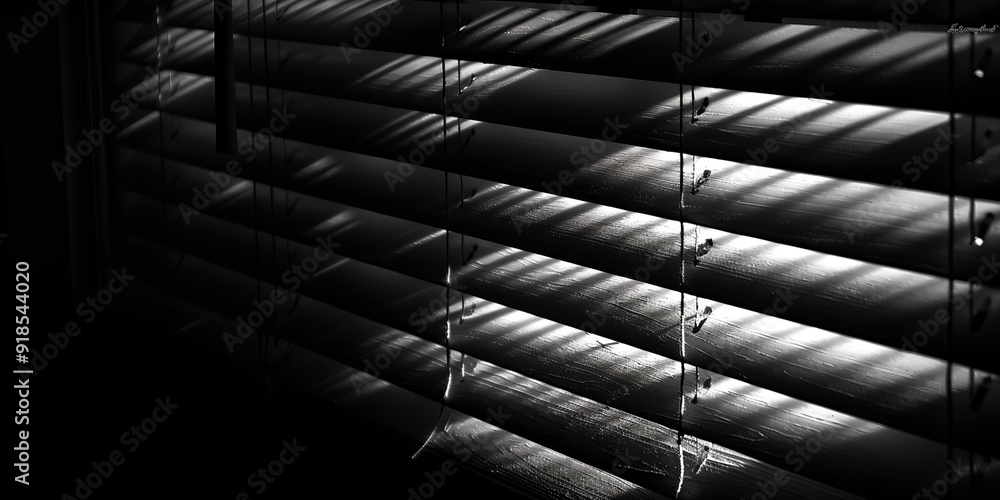 Poster a window with blinds that are open and letting in light. the light is casting shadows on the blinds 
