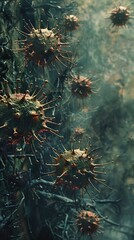 Obraz premium A close-up photo of a cactus with numerous spiky plants emerging from its center is captured by the camera