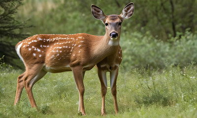 Fototapeta premium Young whitetail deer fawn standing in a field
